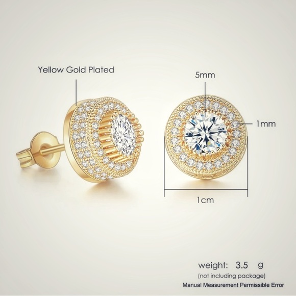 NEW 18K Gold-Plated Steel Micro Pavé Rhinestone Halo Stud Earrings Unisex - Picture 10 of 13